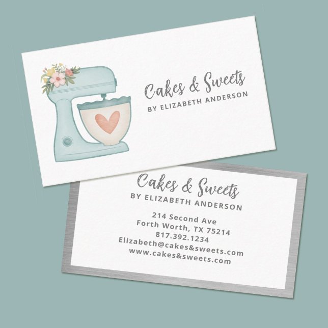 Blue Floral Cake Mixer Bakery Business Card (A pretty kitchen mixer decorates this bakery business card.)