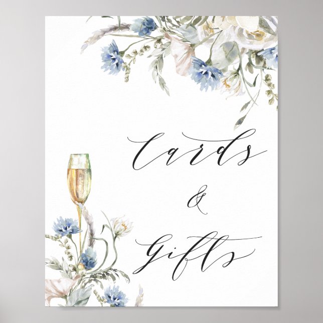 Blue Floral Cards Gifts Bridal Shower Sign (Front)