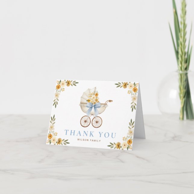 Blue Floral Carriage Baby Shower Thank You Card (Front)
