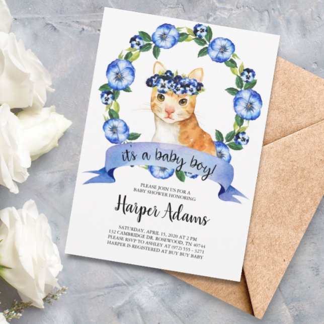 Blue Floral Cat Baby Boy Baby Shower Invitation (Creator Uploaded)
