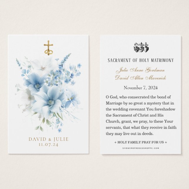 Blue Floral Catholic Wedding Prayer Card (Front & Back)
