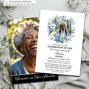 Blue Floral Celebration Of Life 2 Photos Funeral  Invitation