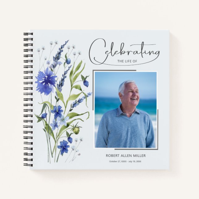 Blue Floral Celebration of Life Funeral Guest Book (Front)