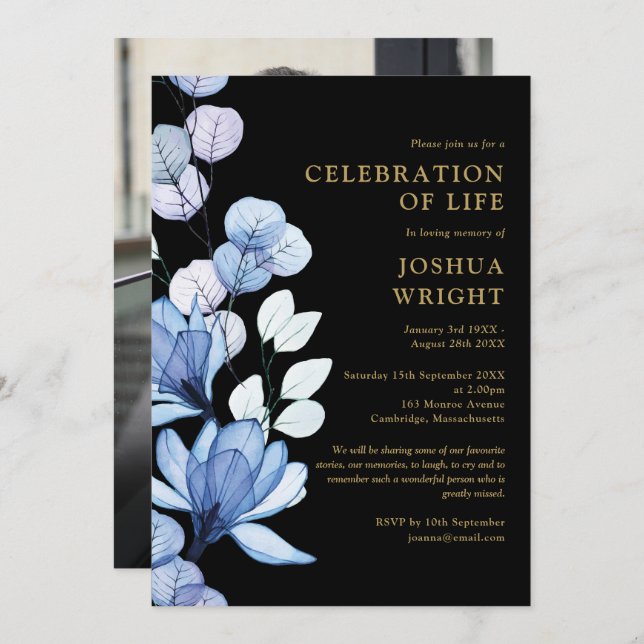 Blue Floral Celebration Of Life Funeral Photo Invitation (Front/Back)