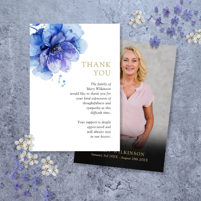 Blue Floral Celebration Of Life Funeral Photo Thank You Card (Blue Floral Celebration Of Life Funeral Photo Thank You Card)