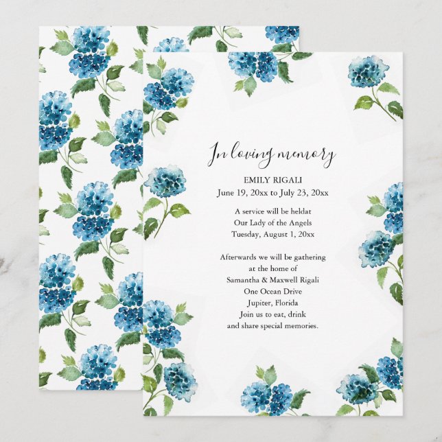 Blue Floral Celebration of Life Invitations (Front/Back)