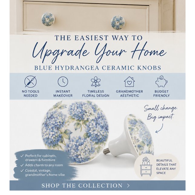Blue Floral Ceramic Cabinet Knob | Hydrangea Coast (Easy cabinet upgrade with elegant blue hydrangea knobs for timeless coastal home style)