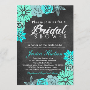Blue floral chalkboard bridal shower invitation