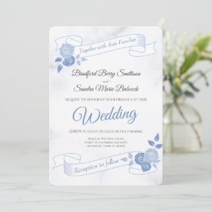 Blue Floral  Chic Simple White  Marble  Wedding In Invitation