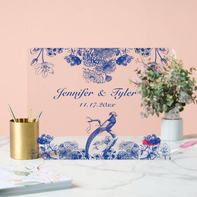 Blue Floral China Pattern with Bird Acrylic Sign (Wedding)