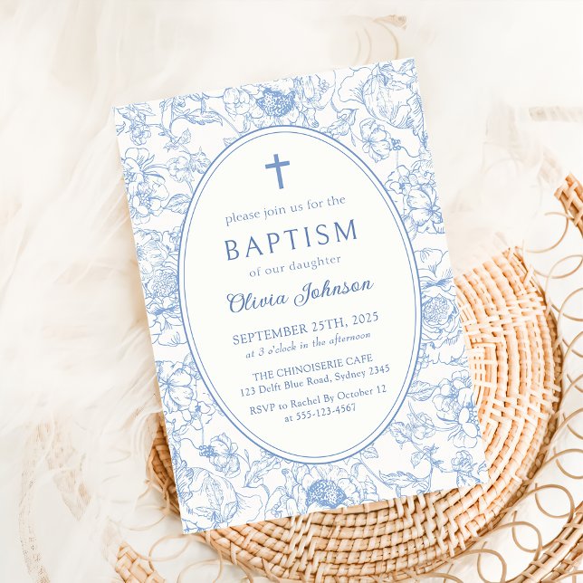 Blue Floral Chinoiserie Baptism Invitation (Creator Uploaded)