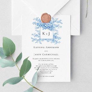 Blue Floral Chinoiserie Classing Monogram Elegant Invitation