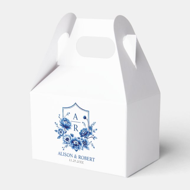 Blue floral Chinoiserie crest and initials wedding Favour Box (Front Side)
