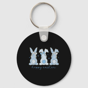 Blue Floral Chinoiserie Happy Easter Three Bunny C Key Ring
