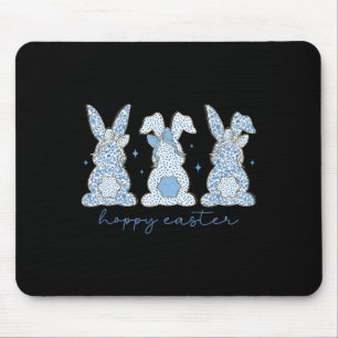 Blue Floral Chinoiserie Happy Easter Three Bunny C Mouse Pad