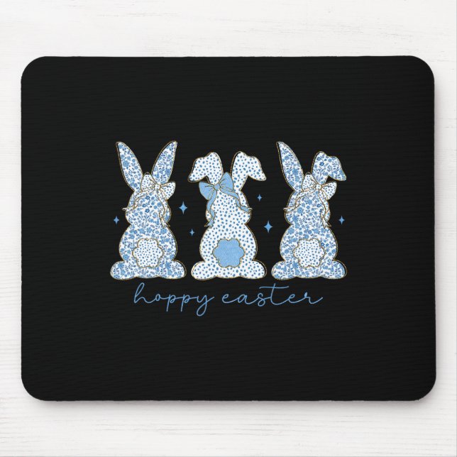 Blue Floral Chinoiserie Happy Easter Three Bunny C Mouse Pad (Front)