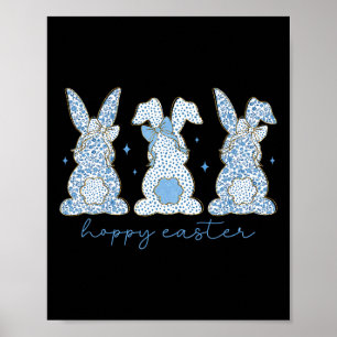 Blue Floral Chinoiserie Happy Easter Three Bunny C Poster