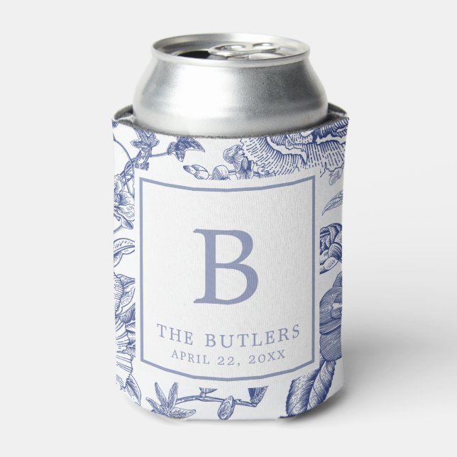 Blue Floral Chinoiserie Initial Wedding Can Cooler (Can Front)