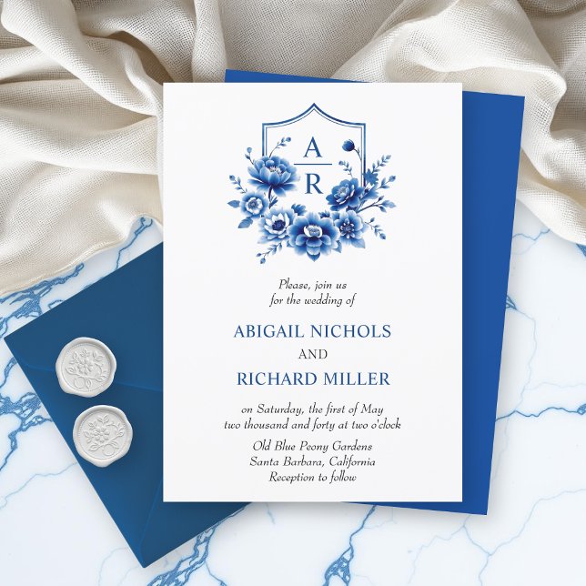 Blue floral Chinoiserie peony flower crest wedding Invitation (Creator Uploaded)