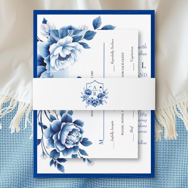 Blue floral Chinoiserie peony flower crest wedding Invitation Belly Band (Creator Uploaded)