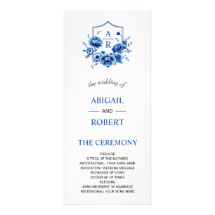 Blue floral Chinoiserie peony wedding program Rack Card