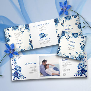Blue floral Chinoiserie peony wedding program Tri-Fold Programme