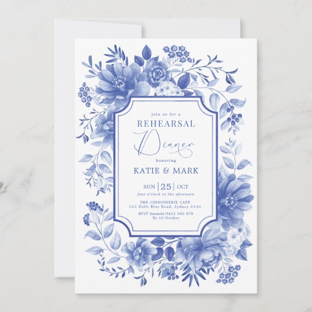 Blue Floral Chinoiserie Porcelain Rehearsal Dinner Invitation (Front)