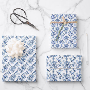 Blue Floral Chinoiserie Sheet Gift Wrap Set of 3