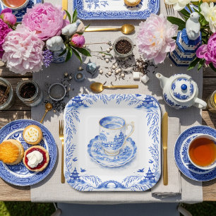 Blue Floral Chinoiserie Teacup WIllow pagoda Paper Plate