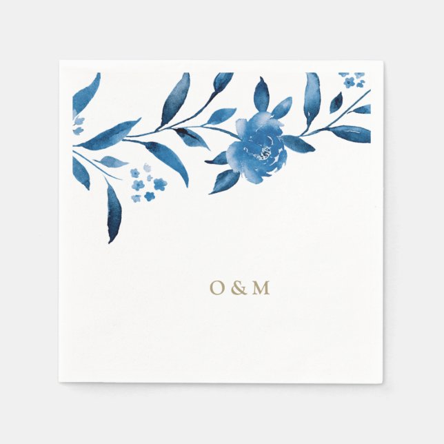 Blue floral Chinoiserie Wedding monogram Napkin (Front)