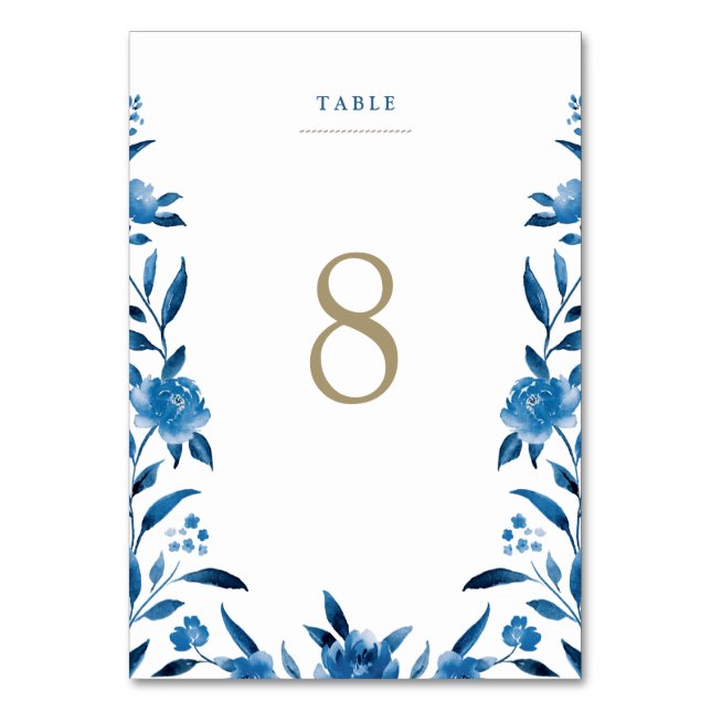Blue floral Chinoiserie Wedding table card (Front)