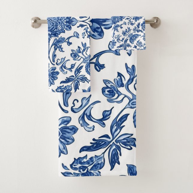 Blue Floral Chinoiserie White Watercolor Bath Towel Set (Insitu)