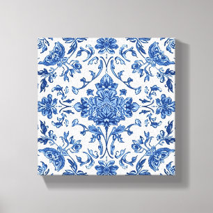 Blue Floral Chinoiserie White Watercolor Canvas Print