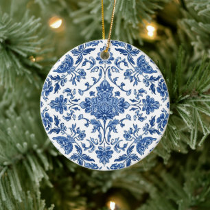 Blue Floral Chinoiserie White Watercolor Ceramic Tree Decoration