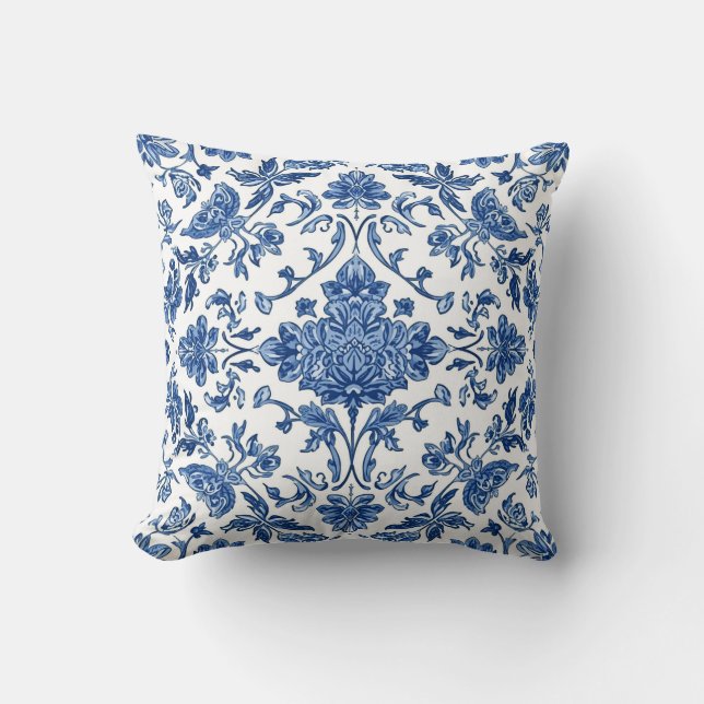 Blue Floral Chinoiserie White Watercolor Cushion (Front)