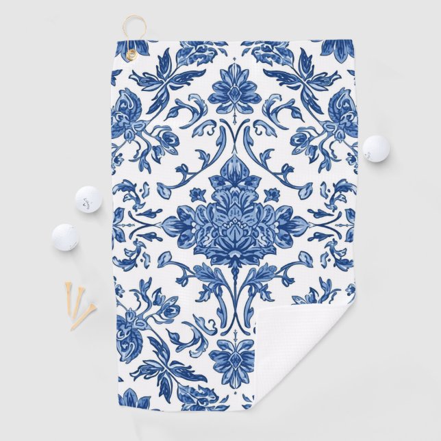 Blue Floral Chinoiserie White Watercolor Golf Towel (InSitu)