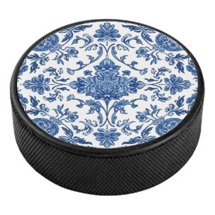 Blue Floral Chinoiserie White Watercolor Hockey Puck