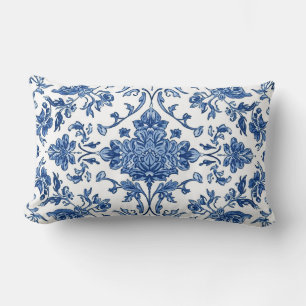 Blue Floral Chinoiserie White Watercolor Lumbar Cushion