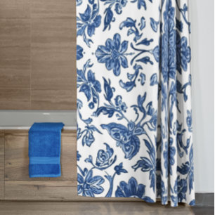 Blue Floral Chinoiserie White Watercolor Shower Curtain