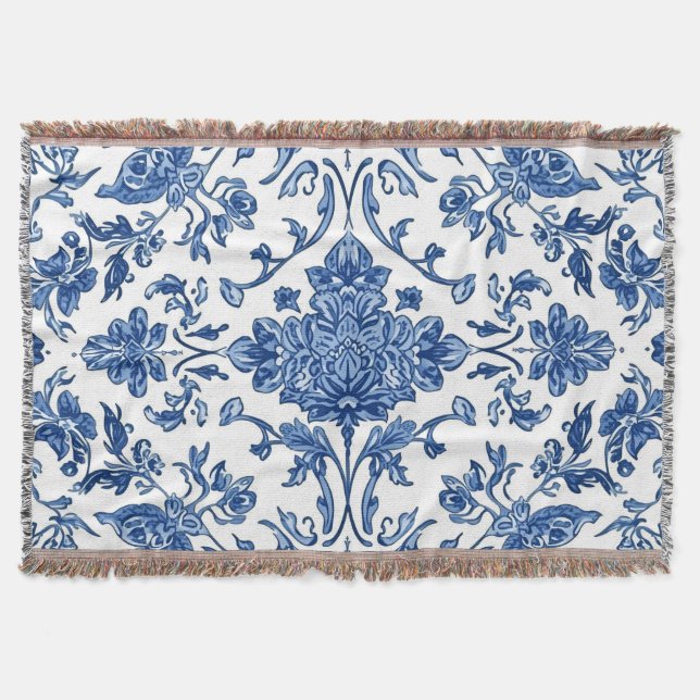 Blue Floral Chinoiserie White Watercolor Throw Blanket (Front)