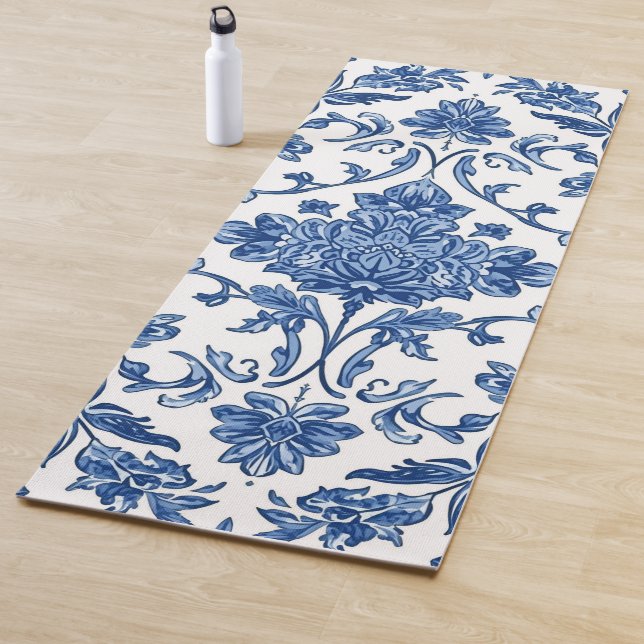 Blue Floral Chinoiserie White Watercolor Yoga Mat (In Situ)