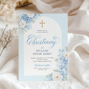 Blue Floral Christening Invitation with Gold Cross