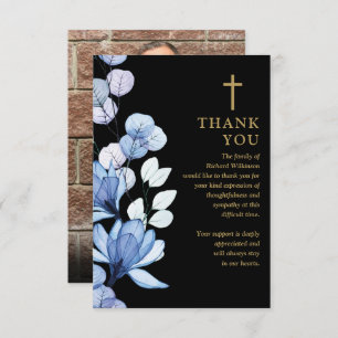 Blue Floral Christian Celebration Of Life Photo Thank You Card