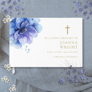 Blue Floral Christian In Loving Memory Funeral Guest Book