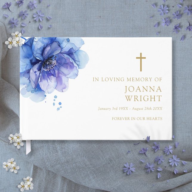 Blue Floral Christian In Loving Memory Funeral Guest Book (Blue Floral Christian In Loving Memory Funeral Guest Book)