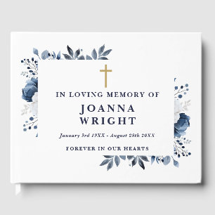 Blue Floral Christian In Loving Memory Funeral Guest Book
