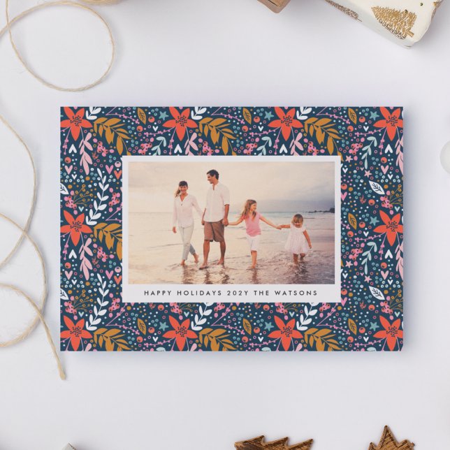 Blue Floral Christmas Pretty Holiday Photo Card (Creator Uploaded)