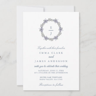 Blue Floral Classic Dusty Crest Wedding Invitation