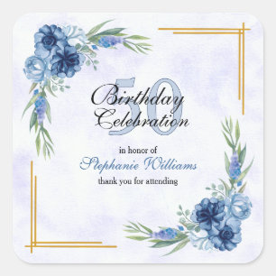 Blue Floral Classic Elegant Women's 50th Birthday Square Sticker