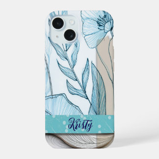 Blue floral collage iPhone case, teal and beige iPhone 15 Case